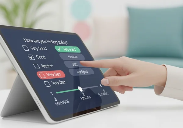 Person interacting with a digital mental health assessment tool.