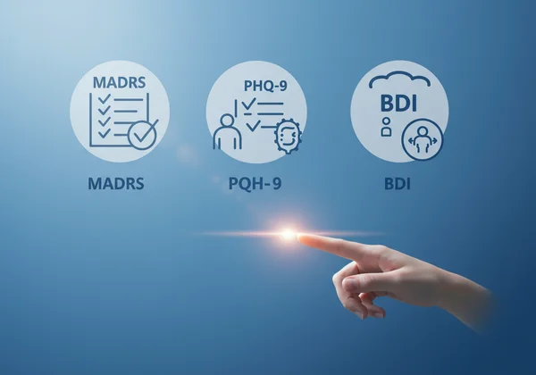 Person choosing between various depression assessment tools.