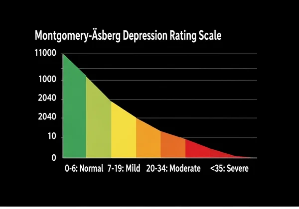 Infographic displaying MADRS score ranges and severity.