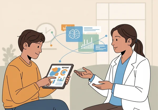 User and professional discussing insights from a report.
