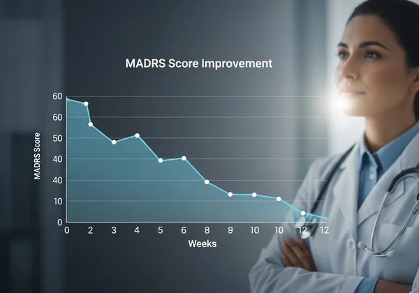 Clinician reviews objective depression severity data chart.
