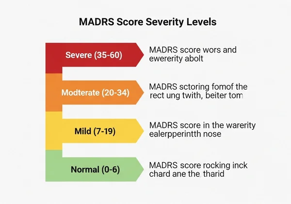 A visual representation of MADRS score ranges with severity labels