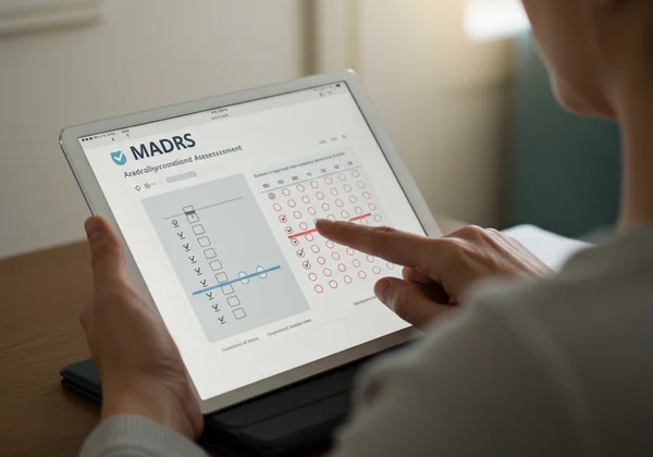 Person using an online MADRS depression assessment tool.